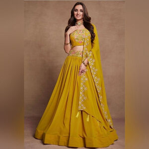 Yellow Sequined Embroidered Work Faux Georgette Fabric Flared Lehenga Choli